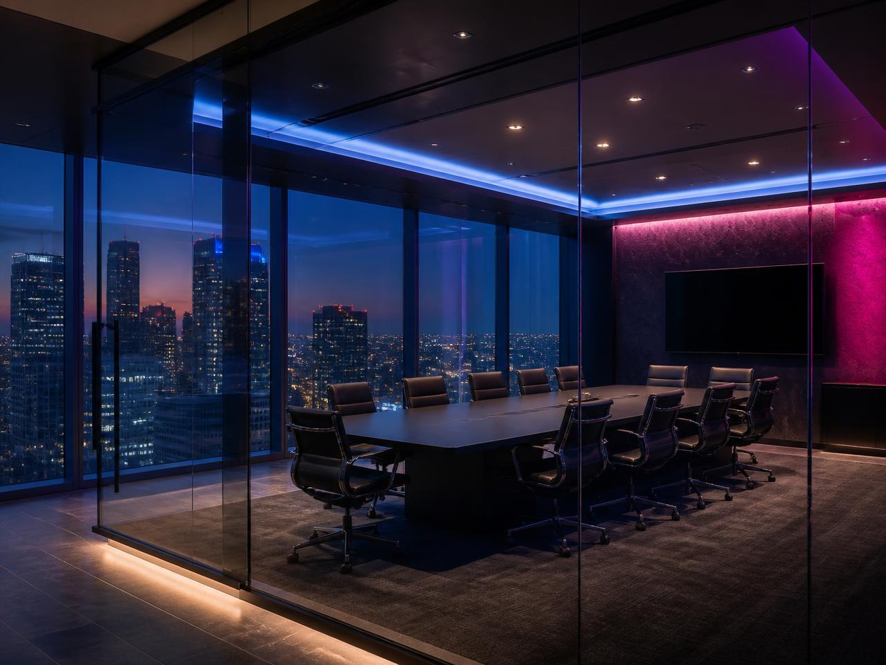 Ambiente corporativo moderno com iluminação azul e violeta